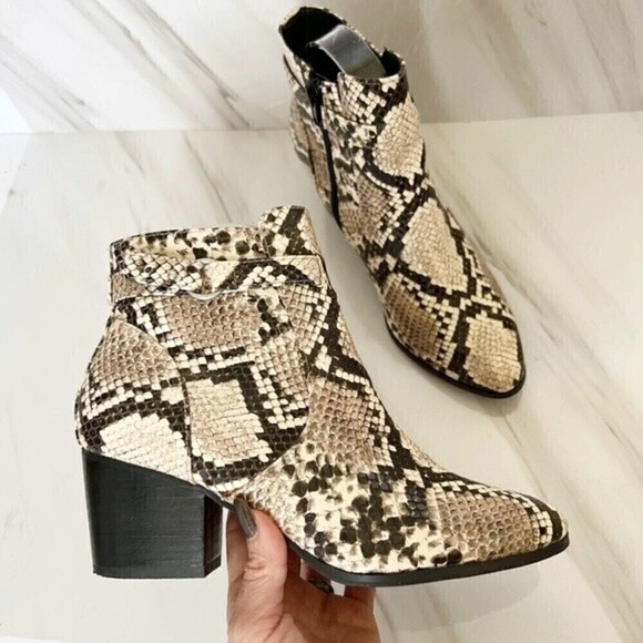 animal print ankle Boots MARKET & SPRUCE 6.5 bootie Block Heel Black Beige Snake - Picture 7 of 12
